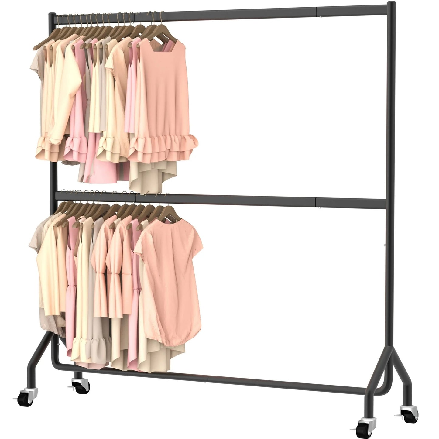 Nefoso Double Rods Clothing Garment Rack, Heavy Duty Rolling Clothes Rack with 4 Wheels for Hanging Clothes, 60“-71"L x 18.4"W x 86.6"H, Load 350 lbs