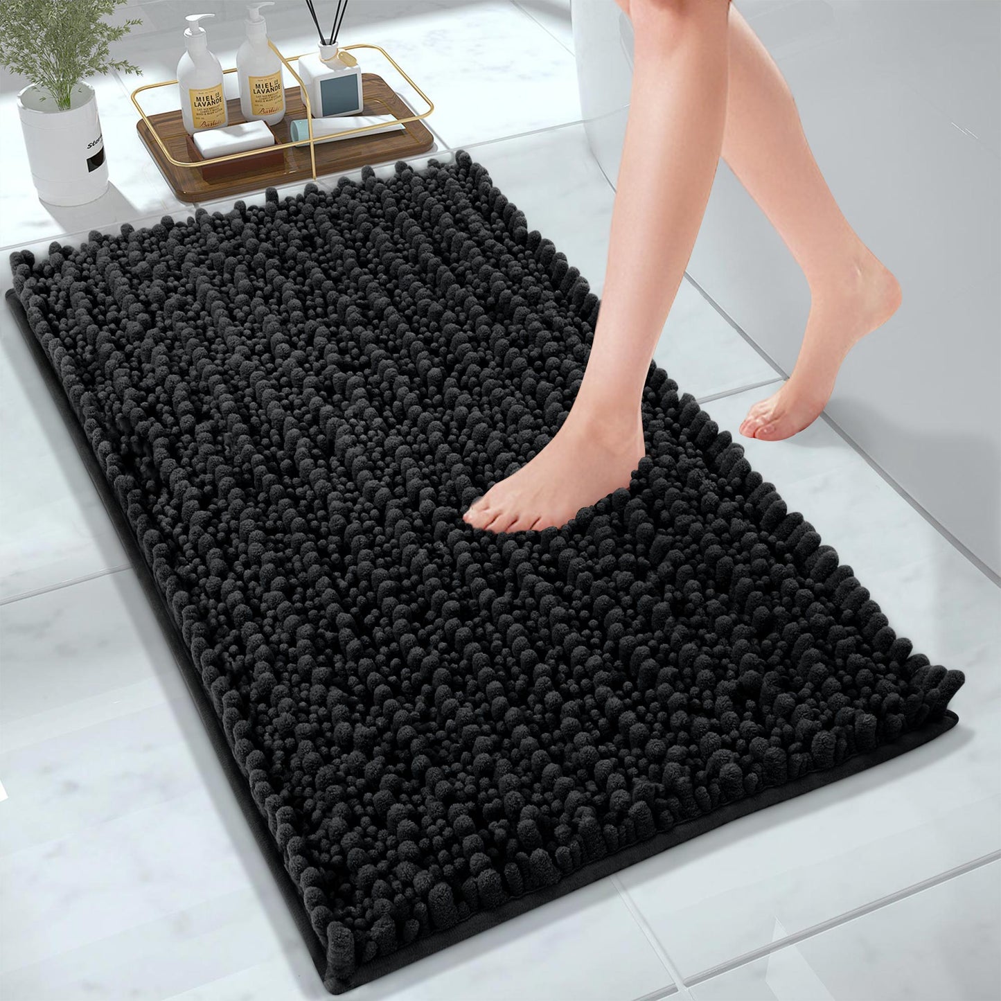 Nefoso Bathroom Rugs, Bath Mat Chenille Ultra Soft Absorbent and Non Slip Machine Washable and Water Washable For Bathroom Floors, Bathtubs and Showers, Gray Black