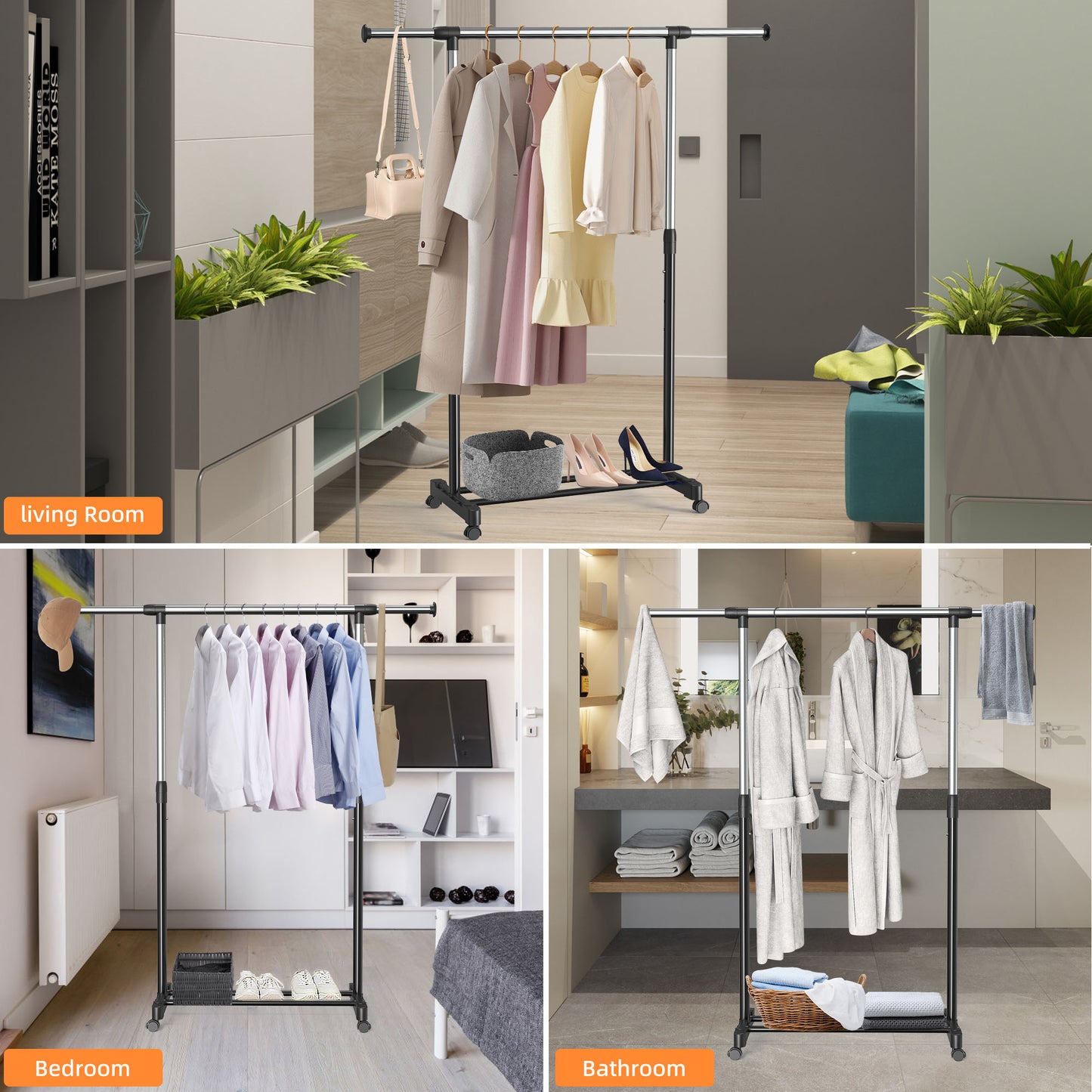 Nefoso Clothing Garment Rack with 4 Wheels Adjustable Standard Rolling Clothes Organizer for Hanging Clothes, Chrome(Black)