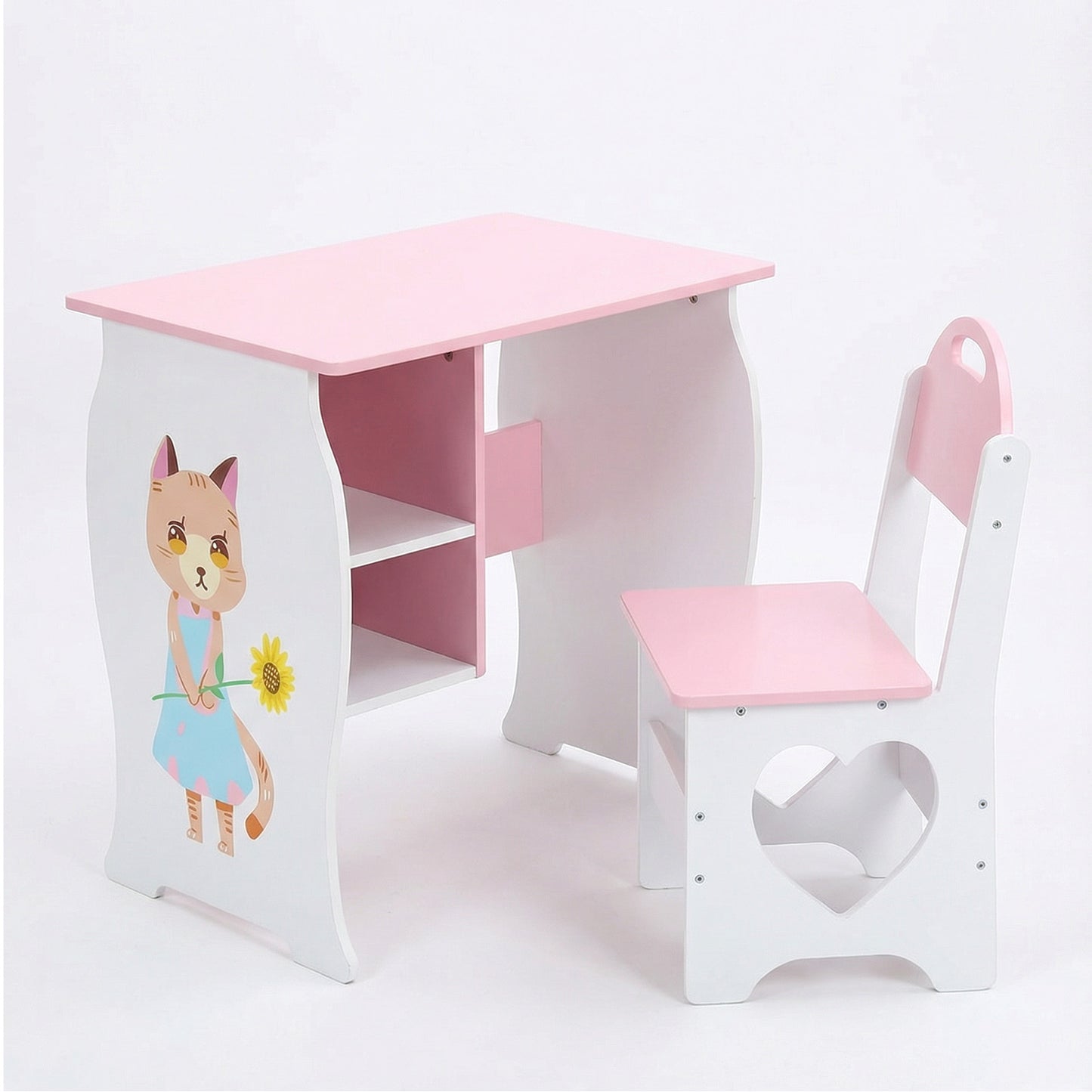 Wooden children's study desk set with storage function for writing, reading, and drawing at home and school (overweight and oversized) in pink, white, pink, and white