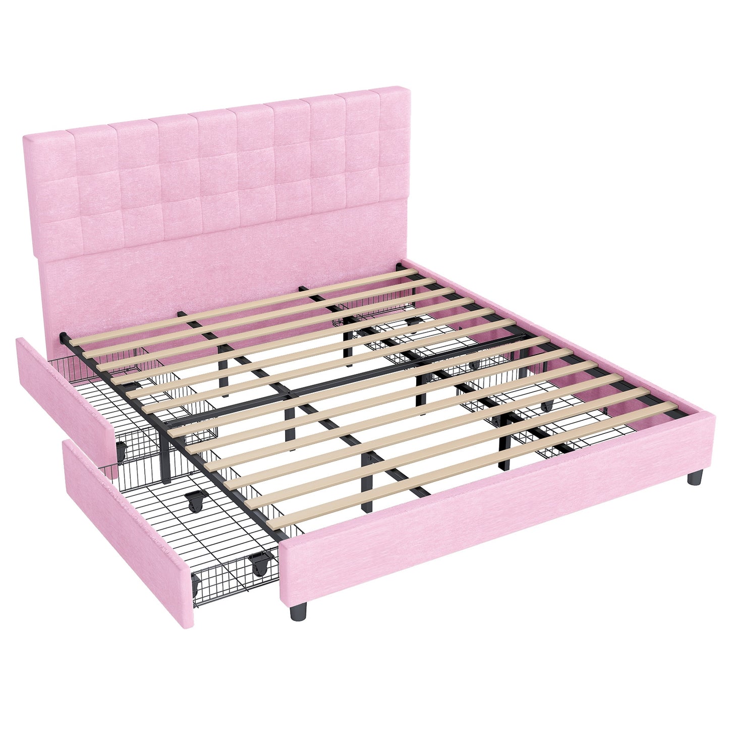 King size bedstead upholstered bedstead square seam suede headboard thick bottom bedstead with headboard and 4 storage drawers solid wood bedstead strip support without mattress base assembly convenience without noise (overweight and oversize)