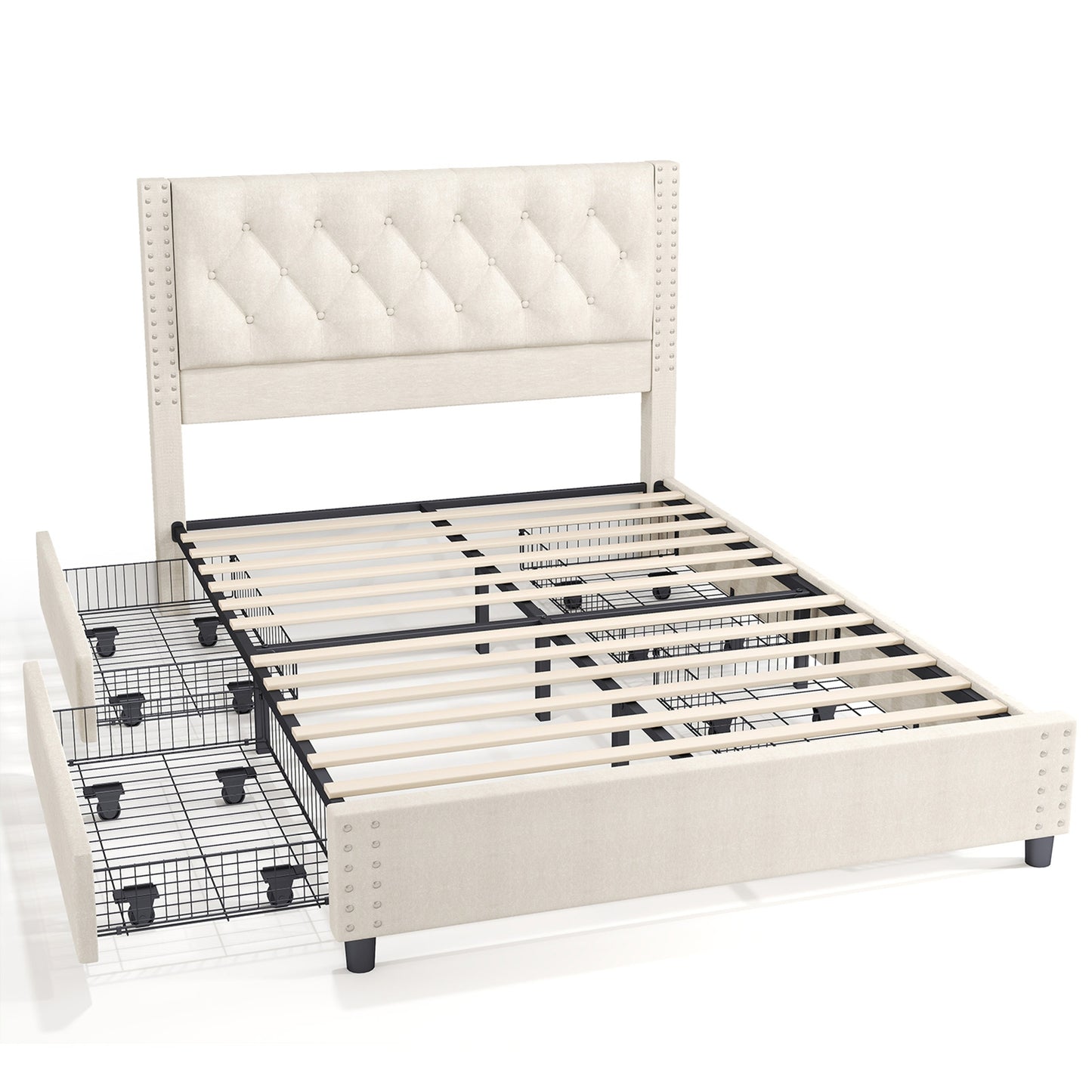 Queen size bedstead upholstered button flannelette platform bedstead with 4 storage drawers and headboard with heavy wooden slats without mattress base for easy assembly and noise free (overweight and oversize)