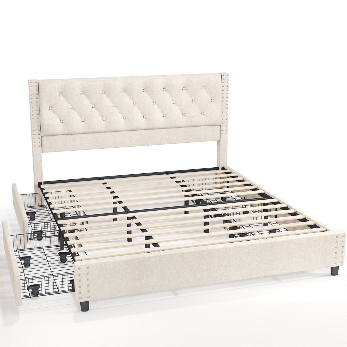 King size bedstead upholstered button flannelette platform bedstead with 4 storage drawers and headboard with heavy wooden slats without mattress base for easy assembly and noise free (overweight and oversize)