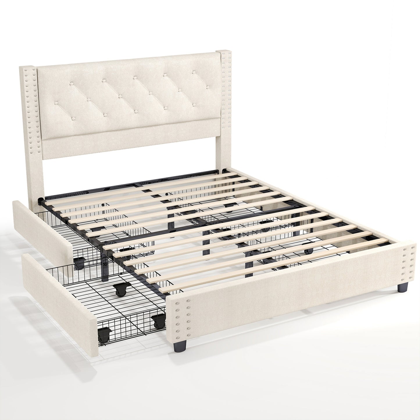 Full size bedstead upholstered button flannelette platform bedstead with 4 storage drawers and headboard with heavy wooden slats without mattress base for easy assembly without noise (overweight and oversize)
