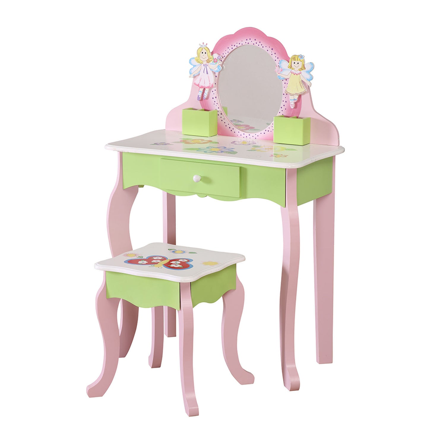 Children's Dressing Table Set with Mirror and Stool Wooden Girls' Children's Dressing Table Makeup Dressing Table Set with Storage Drawer Flower Fairy Pattern Suitable for 3+Year Old Children (Overweight and Oversized)