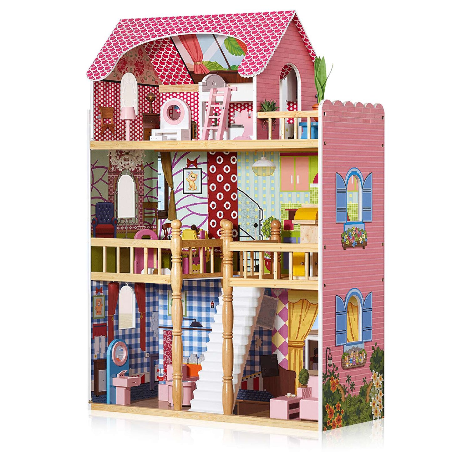 Children's wooden toy house includes 14 accessories and furniture with balcony and stairs. The 3-story easy to assemble doll house toy is suitable for children aged 3+(overweight and oversized)