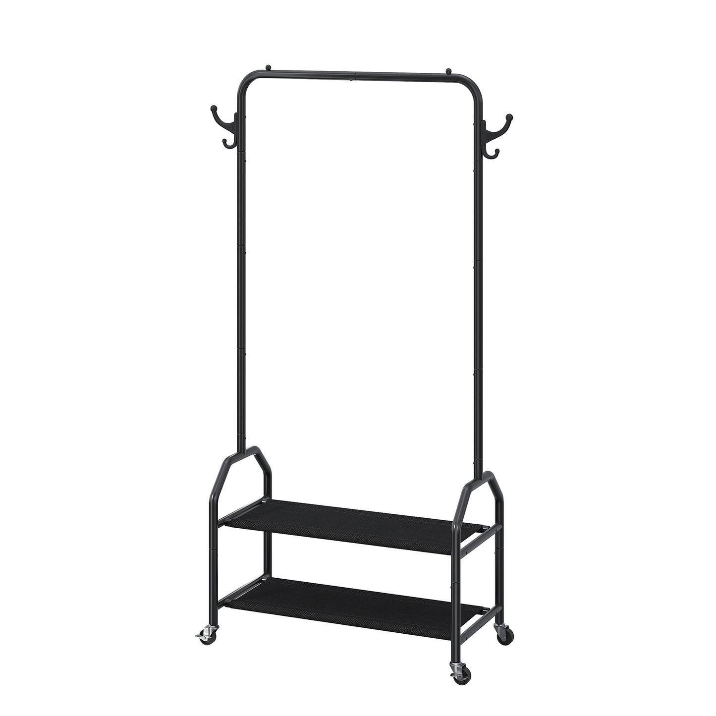 Drying rack, clothes rack with two-layer storage board, metal clothes rack with swivel wheels, black clothes rack with storage rack and coat/hat hook