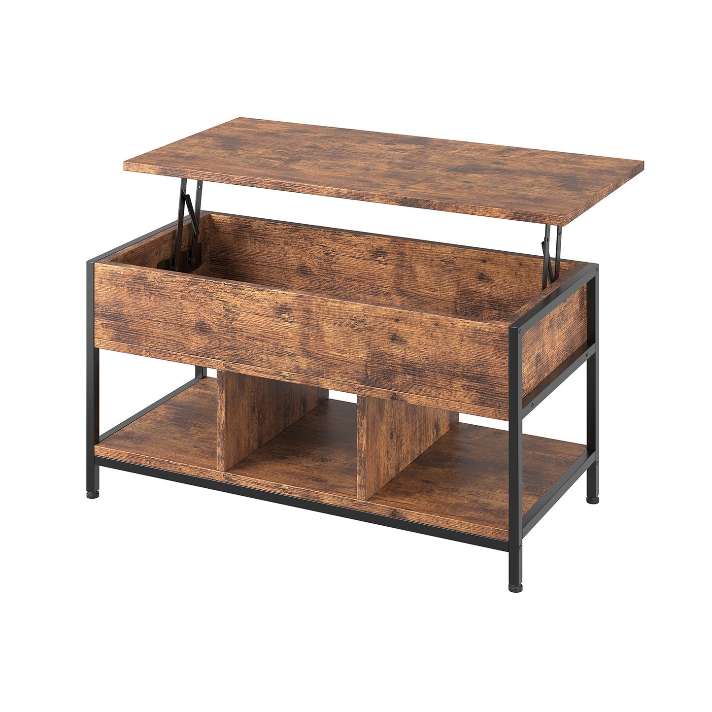 Lift up coffee table, high top coffee table, lift up coffee table with storage rack, hidden compartment and adjustable top, suitable for living room and office, retro color
