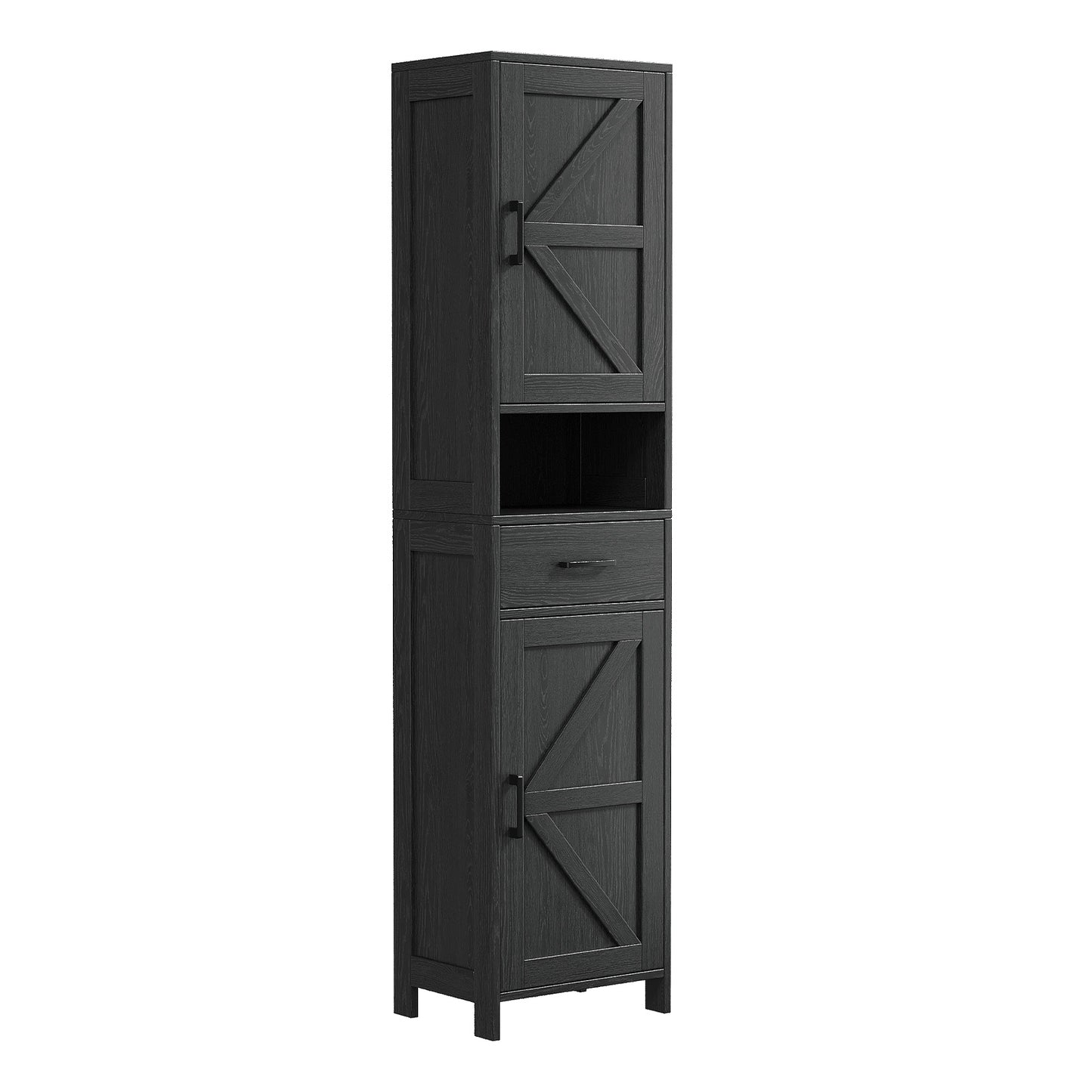 H-shaped high bathroom storage cabinet with 2 barn doors and 1 drawer, adjustable shelf, suitable for bathroom, living room, entrance, kitchen, black