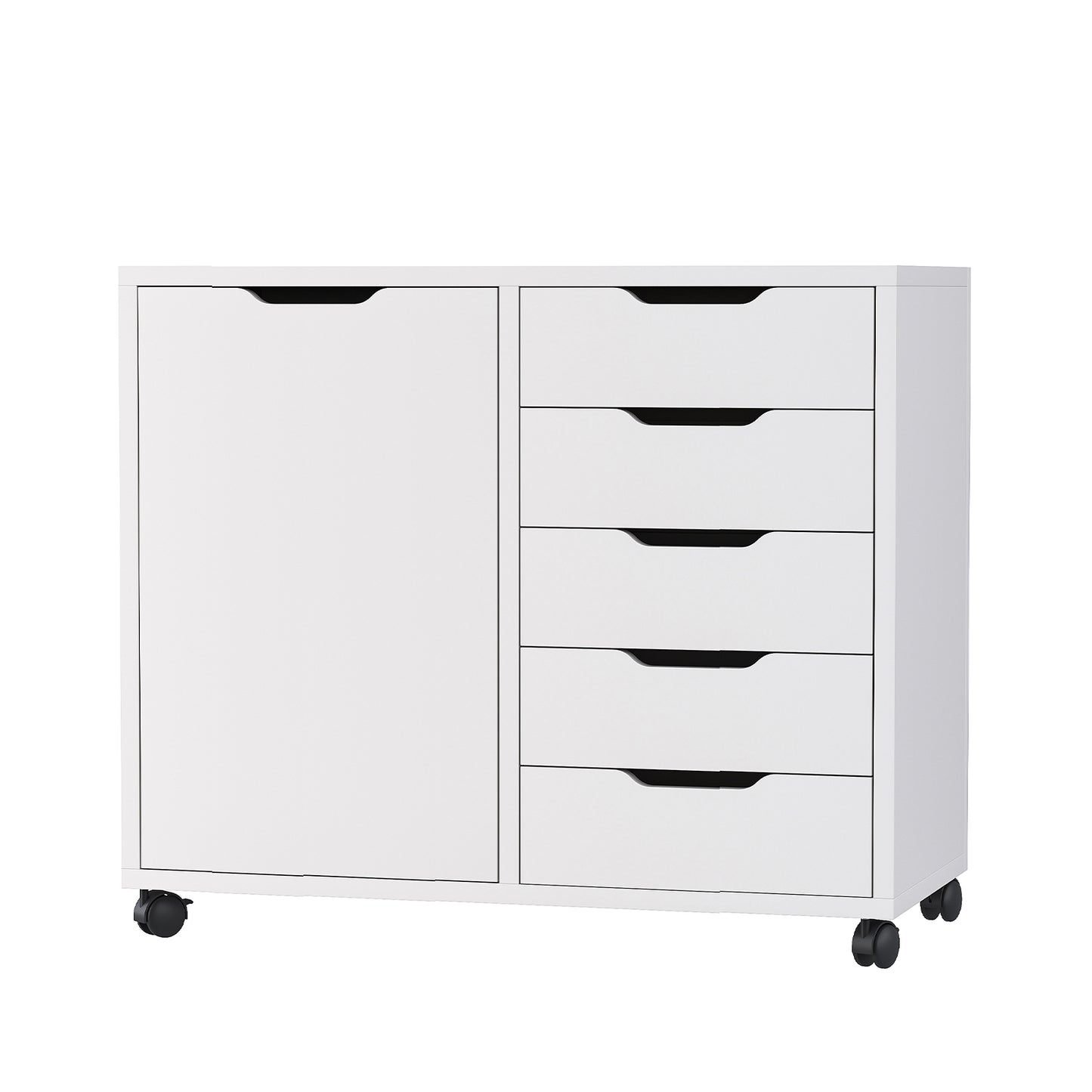 Five drawer mobile storage cabinet with doors, office and household document storage cabinet, printer shelf, office storage cabinet with adjustable shelves and wheels, white and white