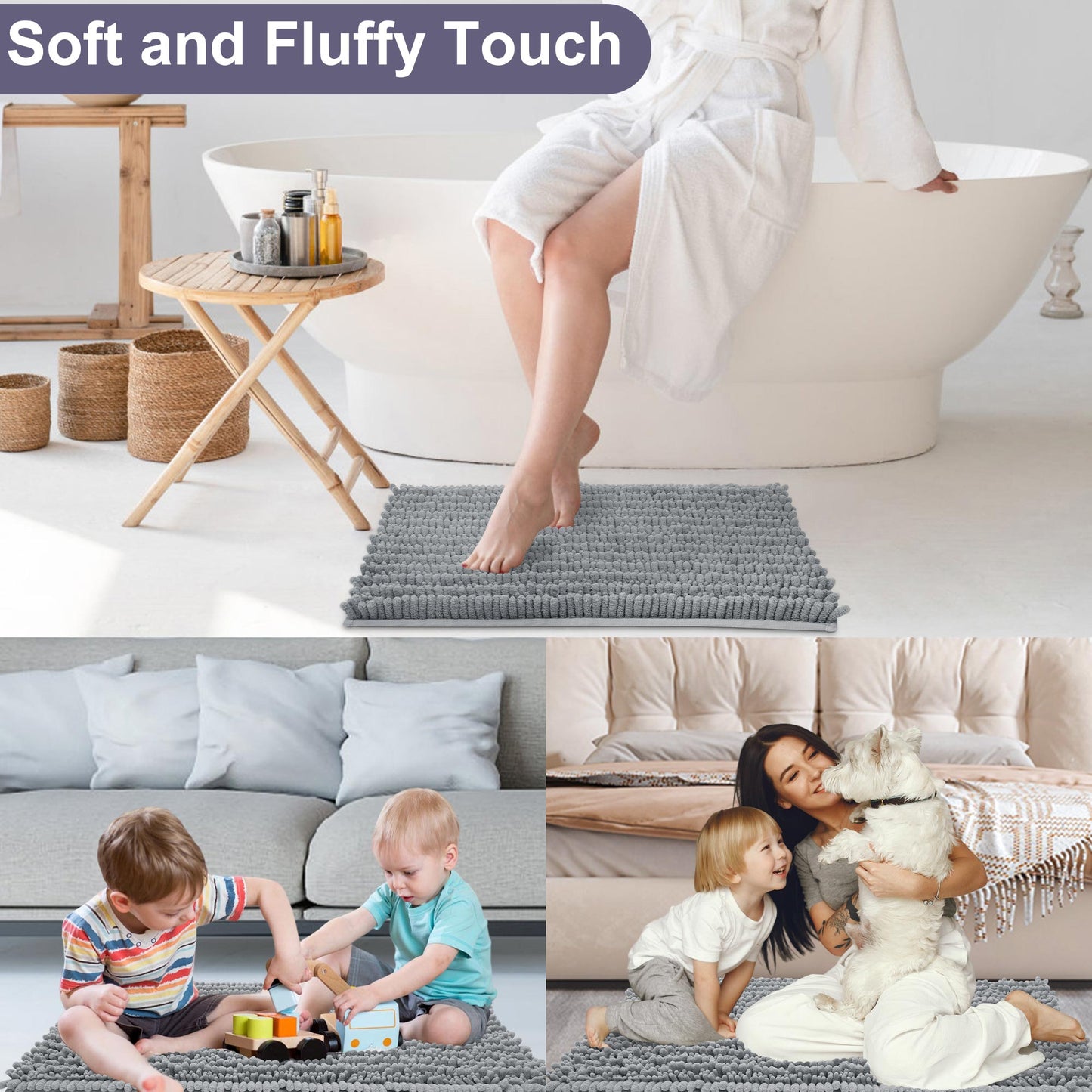 Nefoso Bathroom Rugs, Bath Mat Chenille Ultra Soft Absorbent and Non Slip Machine Washable and Water Washable For Bathroom Floors, Bathtubs and Showers, Gray Black