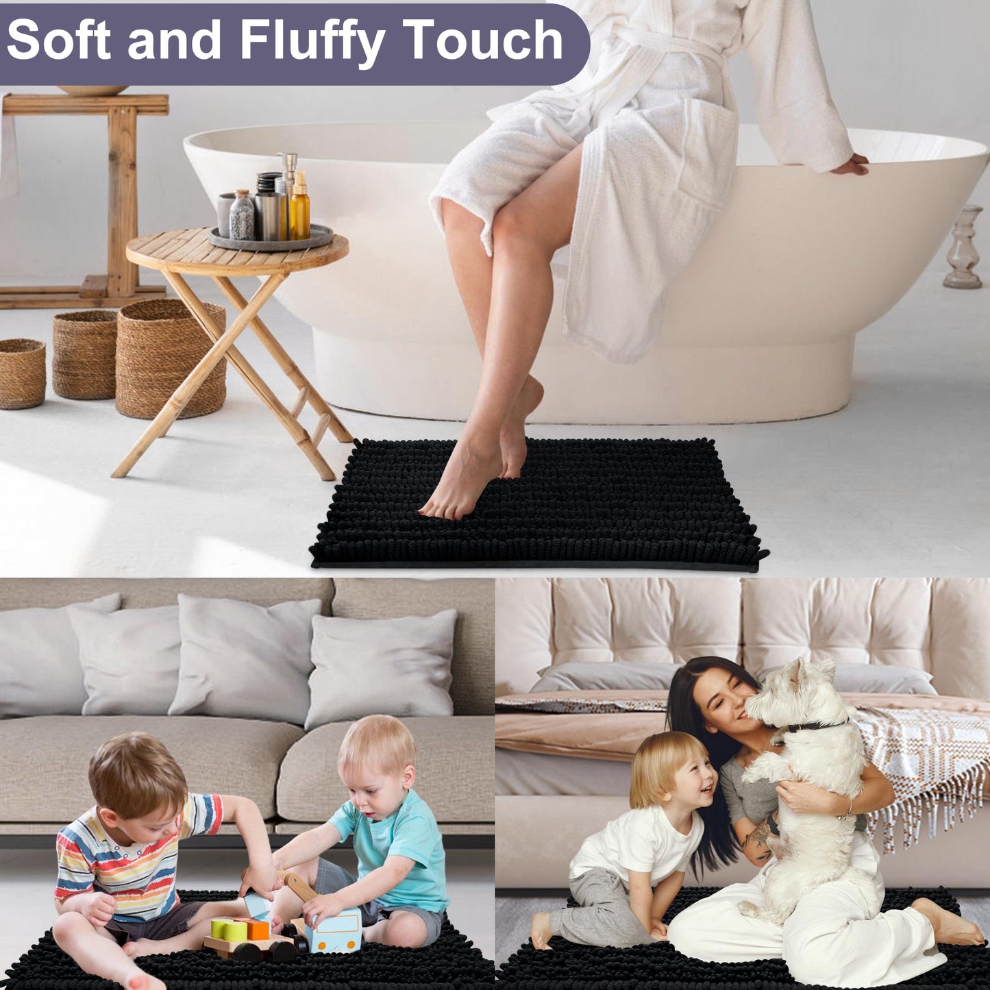 Nefoso Bathroom Rugs, Bath Mat Chenille Ultra Soft Absorbent and Non Slip Machine Washable and Water Washable For Bathroom Floors, Bathtubs and Showers, Gray Black