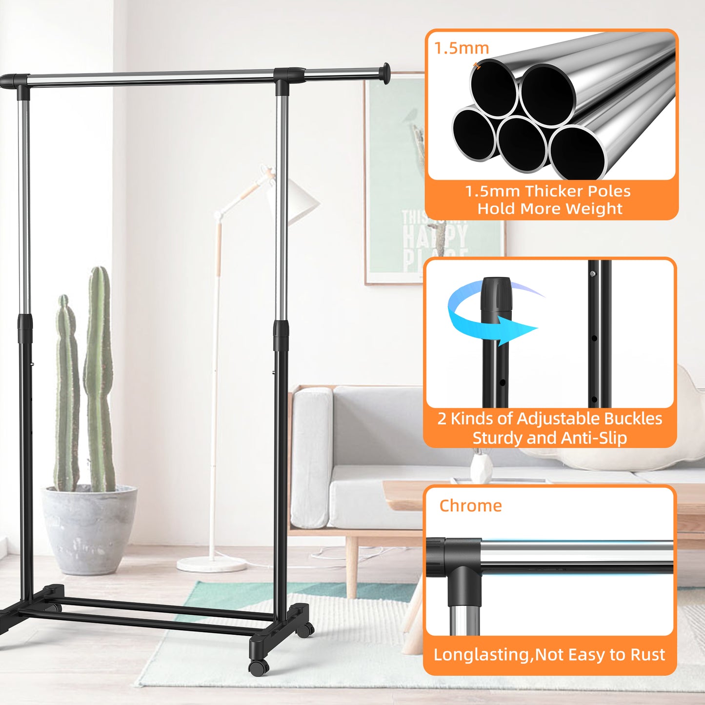 Nefoso Clothing Garment Rack with 4 Wheels Adjustable Standard Rolling Clothes Organizer for Hanging Clothes, Chrome(Black)
