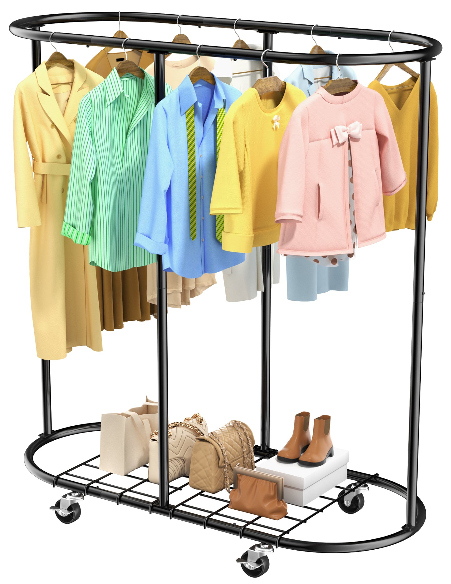 Nefoso Rolling Clothes Rack with Wheels and Removable Shelf,Oval Metal Garment Clothing Rack Standard Hanging Clothes Organizer(Black)