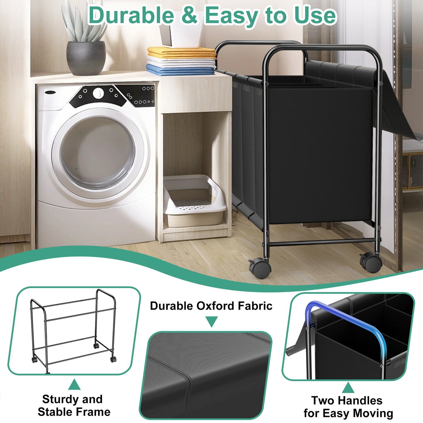 Nefoso 4 Section Laundry Hamper with Lid and Wheels, 200L Large Laundry Basket Sorter Cart with Handle, Clothes Storage, Black