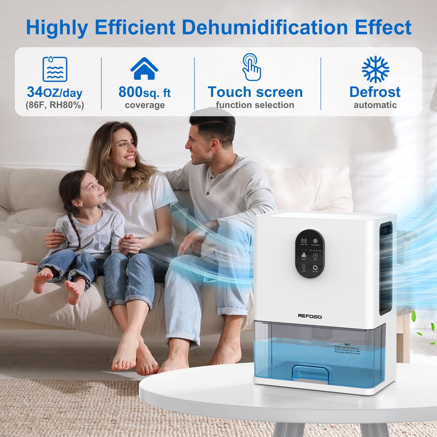 Nefoso 101 oz Dehumidifier for Basement, 800 sq. ft Coverage Area Quiet Dehumidifier with Timer, Sleep Mode, Defrost, 7 Color Light for Home Bathroom Bedroom Living Room Closet RV