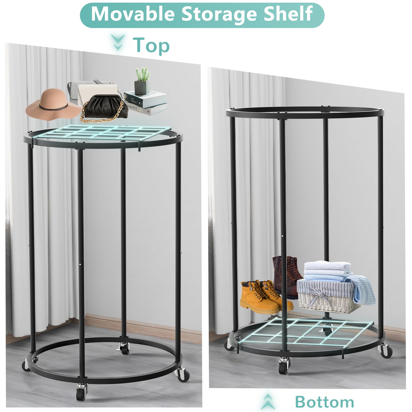 Nefoso Clothing Garment Rack with 4 Wheels and Shelf,Round Clothes Rack Rolling Clothes Organizer for Bedroom(Black)