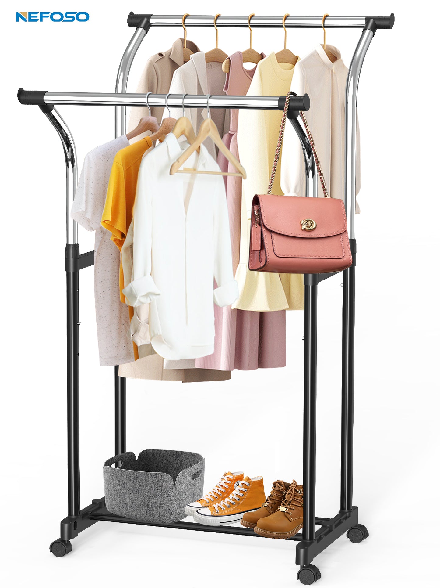 Nefoso Clothing Garment Rack with 4 Wheels Adjustable Standard Rolling Clothes Organizer for Hanging Clothes, Chrome(Black)