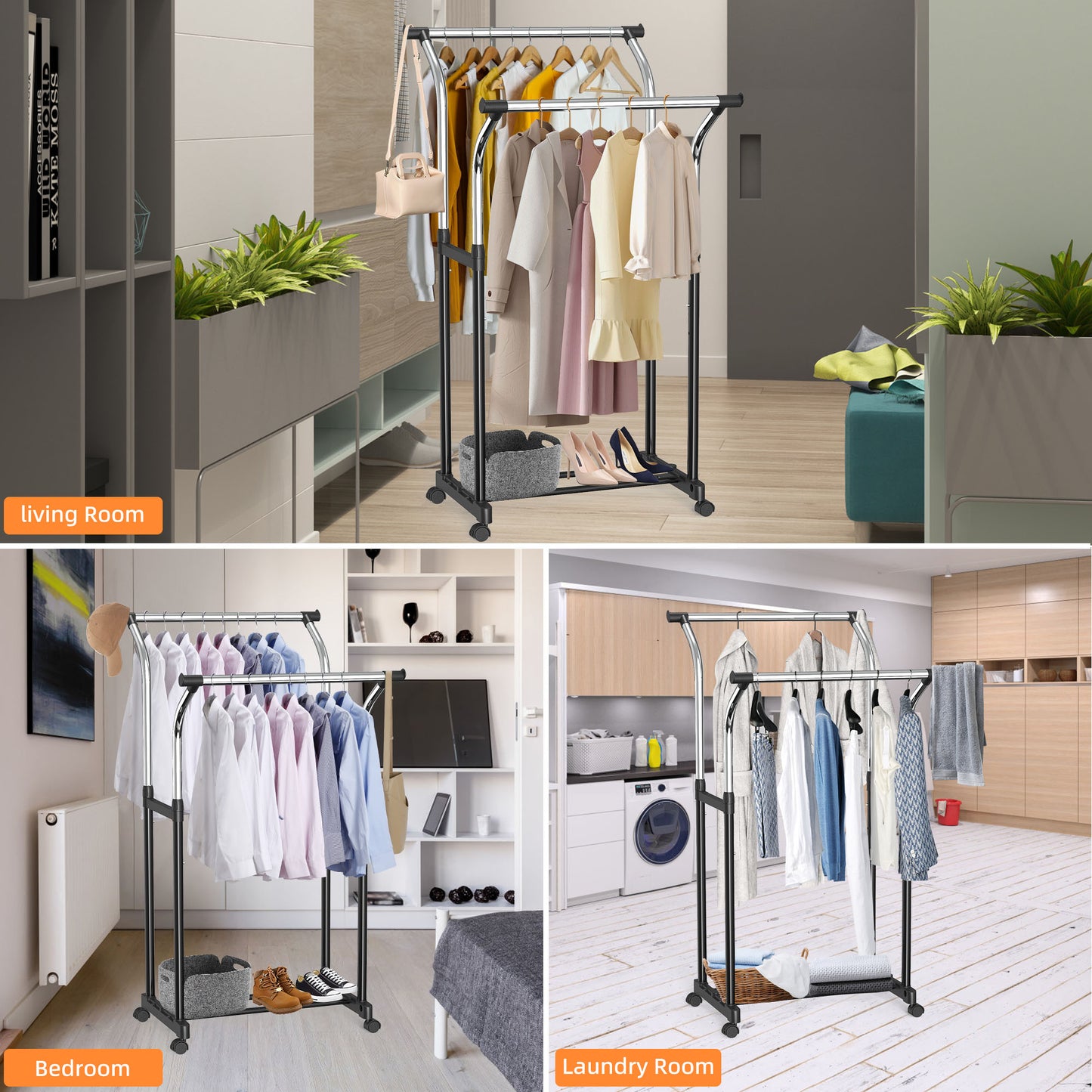 Nefoso Clothing Garment Rack with 4 Wheels Adjustable Standard Rolling Clothes Organizer for Hanging Clothes, Chrome(Black)