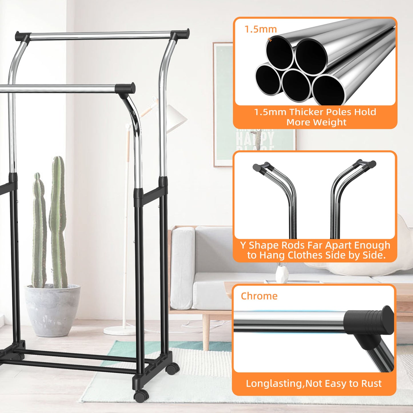 Nefoso Clothing Garment Rack with 4 Wheels Adjustable Standard Rolling Clothes Organizer for Hanging Clothes, Chrome(Black)
