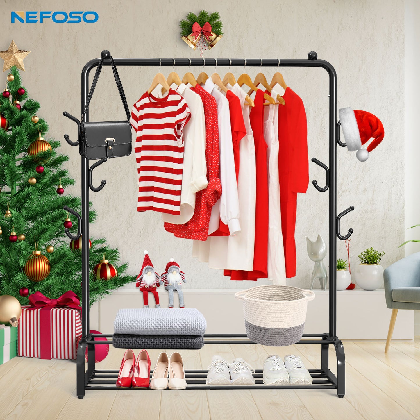NEFOSO Clothing Garment Rack with 6 Hooks and Double Bottom Shelf Standard Clothes Organizer for Hanging Clothes, Chrome(Black)