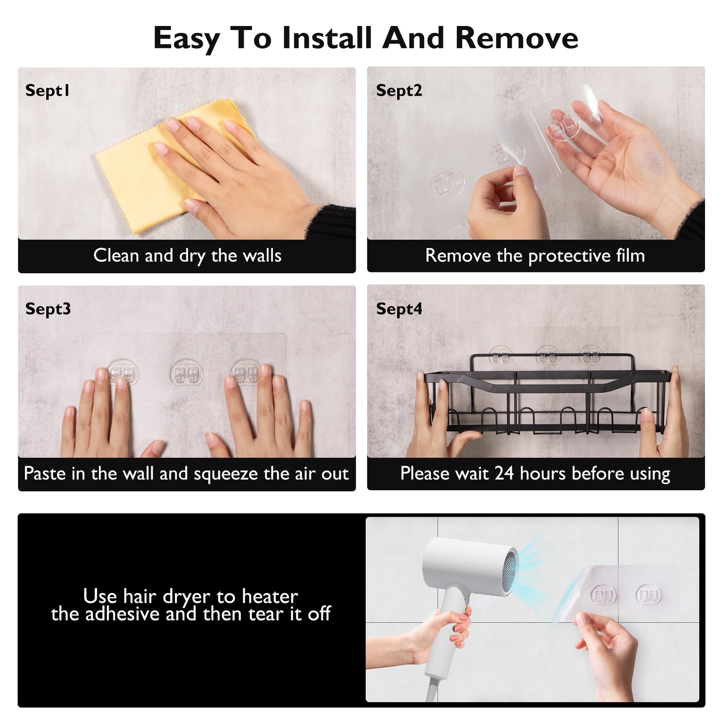 5/6 Pack Bathroom Shower Caddy Shelf Organizer, with Toothbrush,Soap Dishes, No Drilling Wall Mount Adhesive Shelf for Inside Shower,Kitchen(Black)