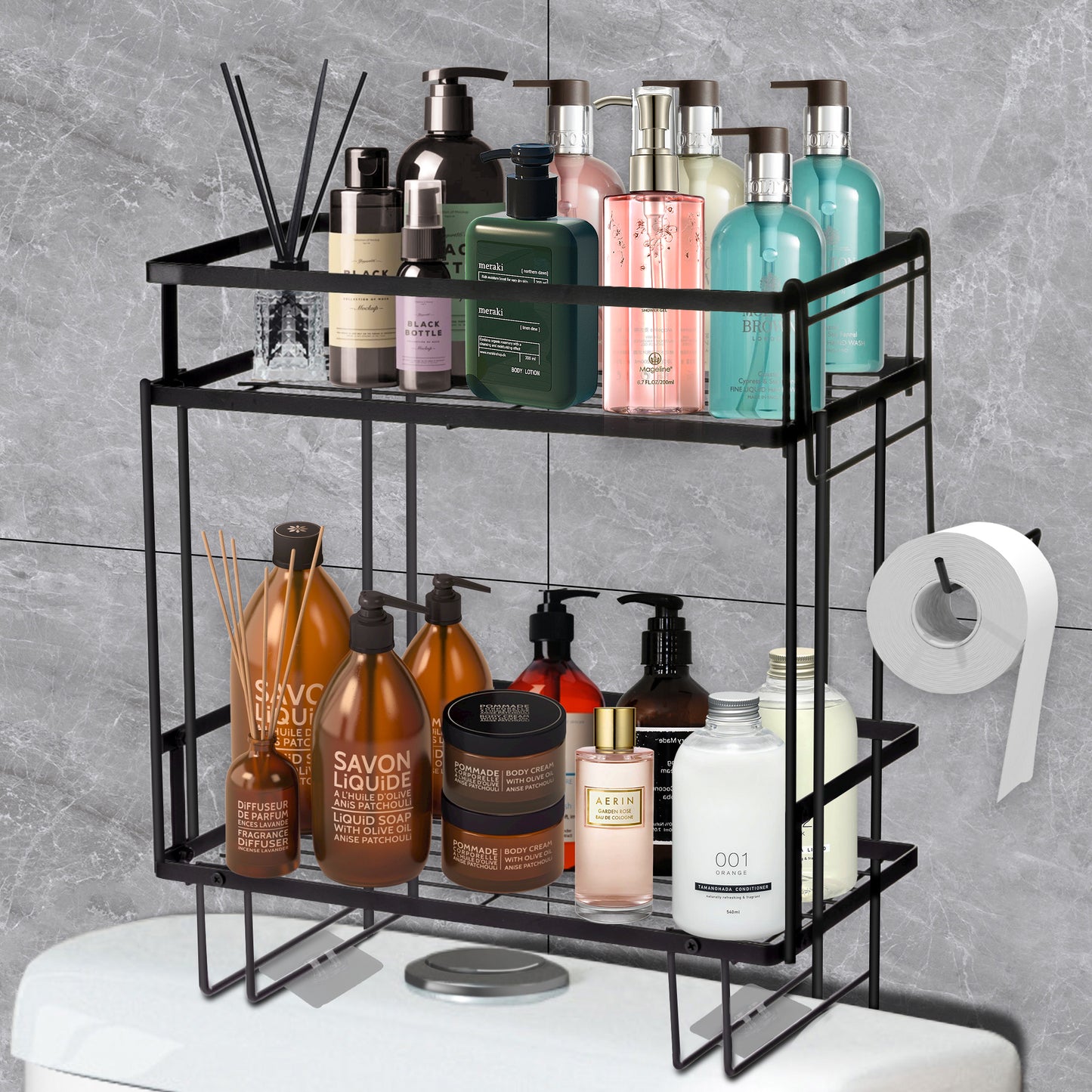 NEFOSO Over The Toilet Storage Rack, 1/2-Tier Bathroom Organizer Shelves, Multifunctional Toilet Rack, No Drilling Space Saver (Black)