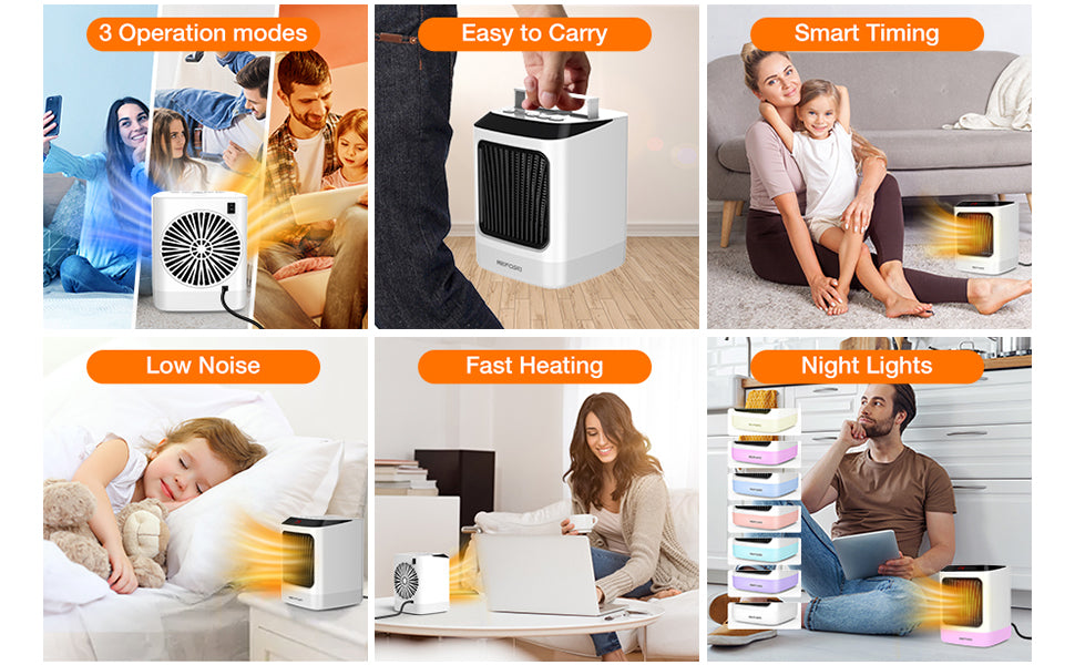 NEFOSO Space Heater, 800W Mini Portable Heater, Desktop Heater with Timing Function, 2 Heating Setting, LED Lights for Office, Bedroom, Kitchen