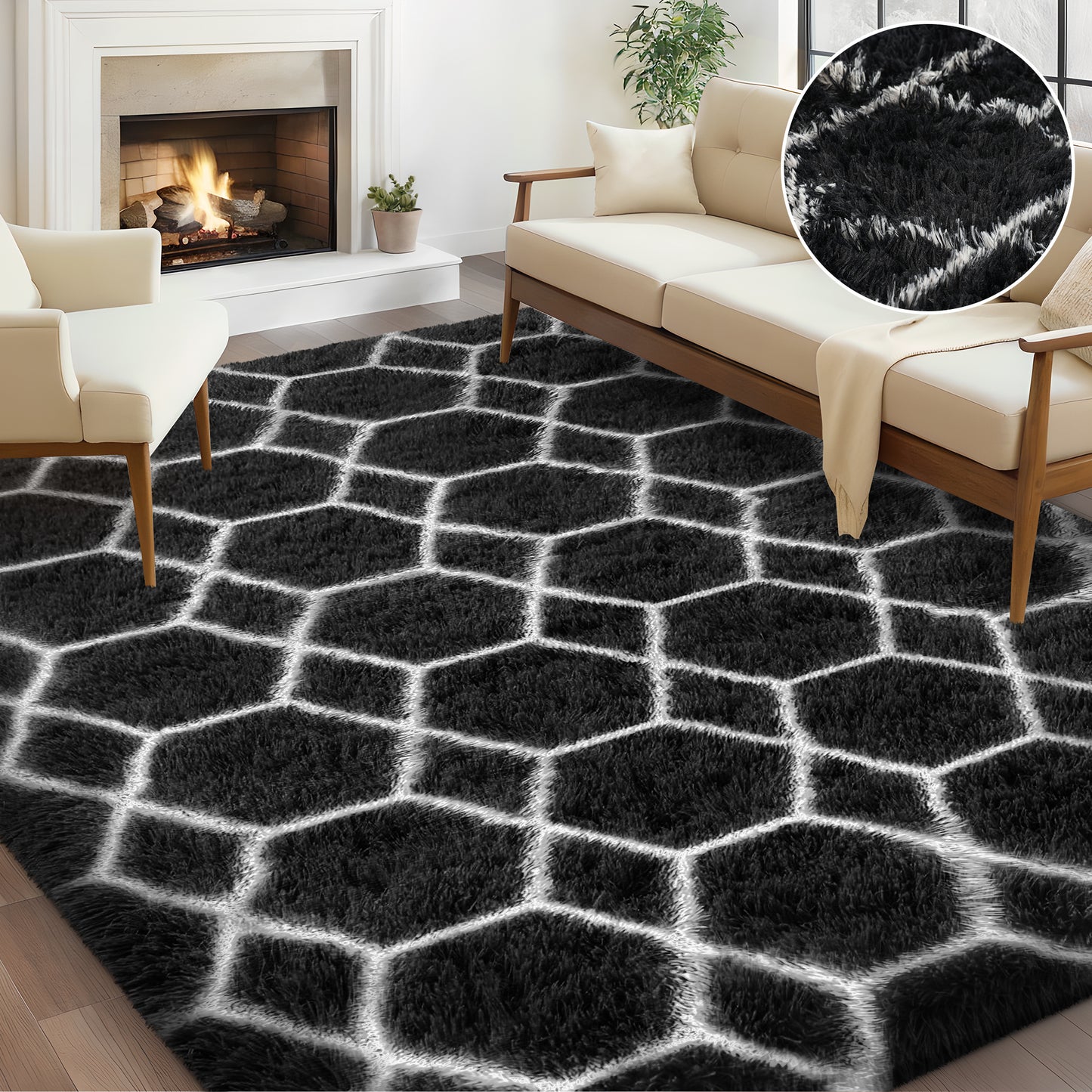 Nefoso Shag Geometric Area Rug, 8ft x 10ft Soft Fluffy Area Rugs for Living Room Bedroom Decor Carpet