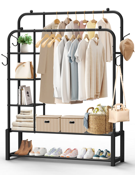 Nefoso Clothing Garment Rack,Double Rails Closet Clothes Rack with Double Bottom Shelves and 4 Hooks,Standard Clothes Organizer Rack for Hanging Clothes(Black)