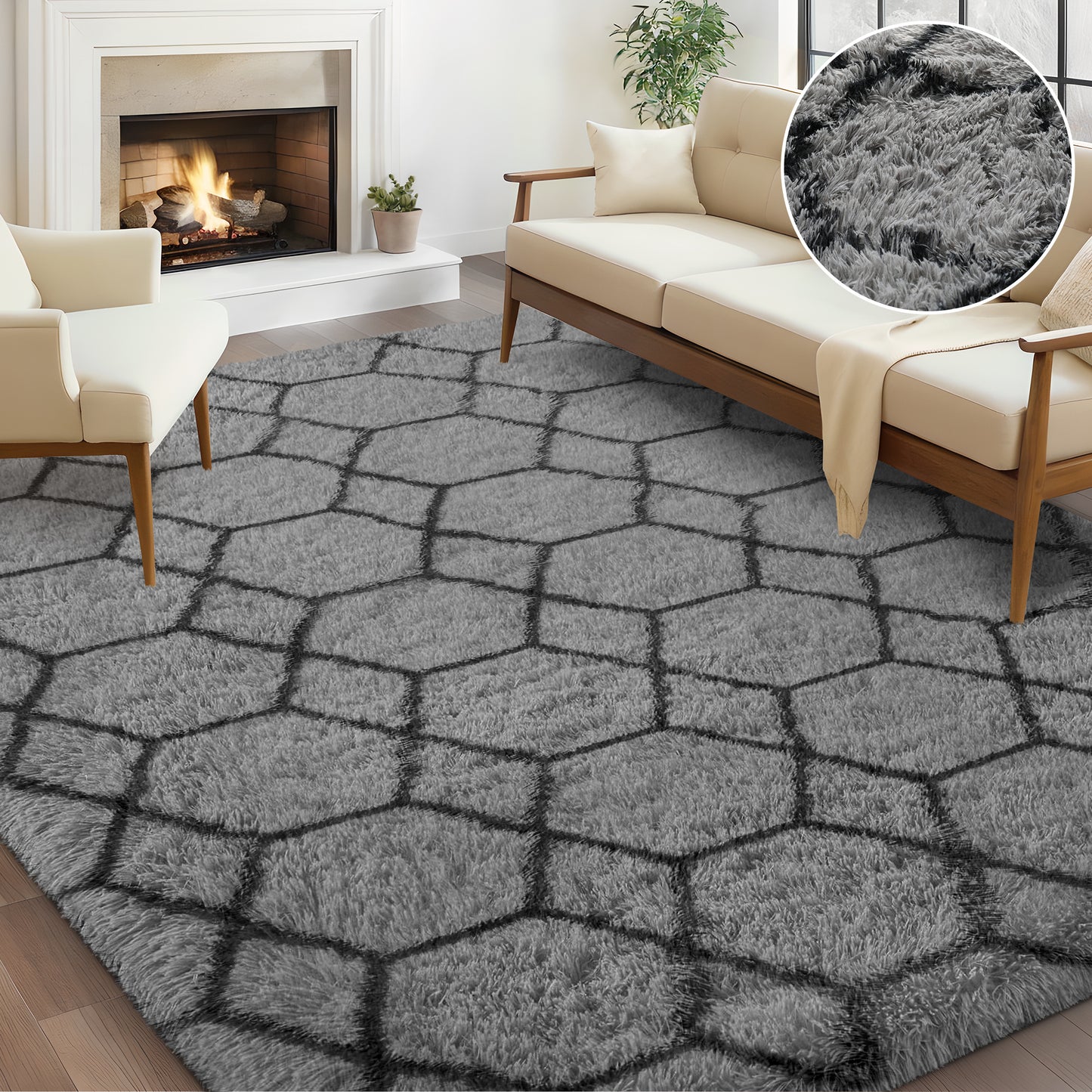 Nefoso Shag Geometric Area Rug, 8ft x 10ft Soft Fluffy Area Rugs for Living Room Bedroom Decor Carpet