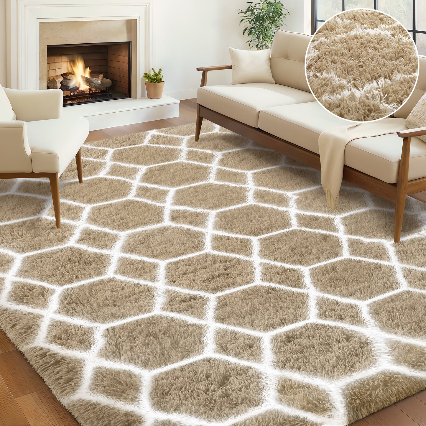 Nefoso Shag Geometric Area Rug, 8ft x 10ft Soft Fluffy Area Rugs for Living Room Bedroom Decor Carpet