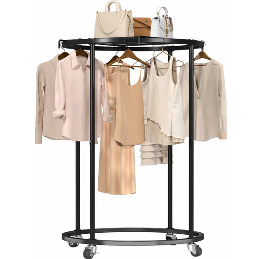 Nefoso Clothing Garment Rack,Round Clothes Rack with 4 Universal Wheels and Shelf Standard Rolling Clothes Organizer(Black/Gold)