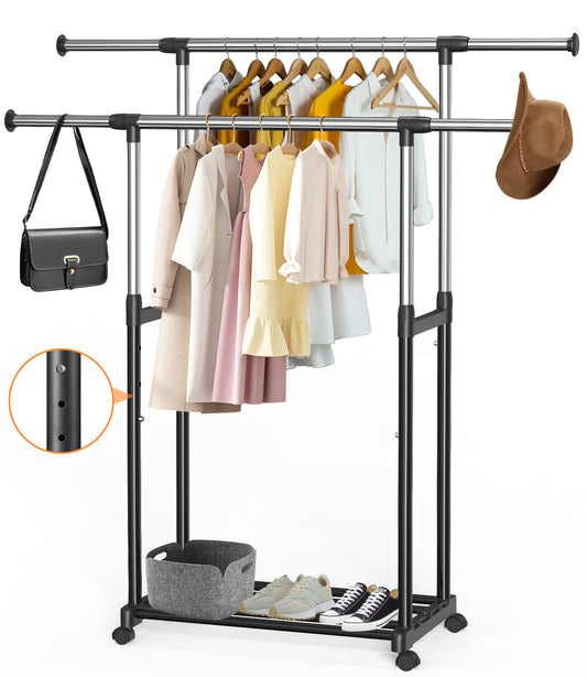 Nefoso Double Rails Clothing Garment Rack,Portable Adjustable Clothes Rack with 4 Universal Wheels Standard Rolling Clothes Organizer,Metal Chrome(Black)