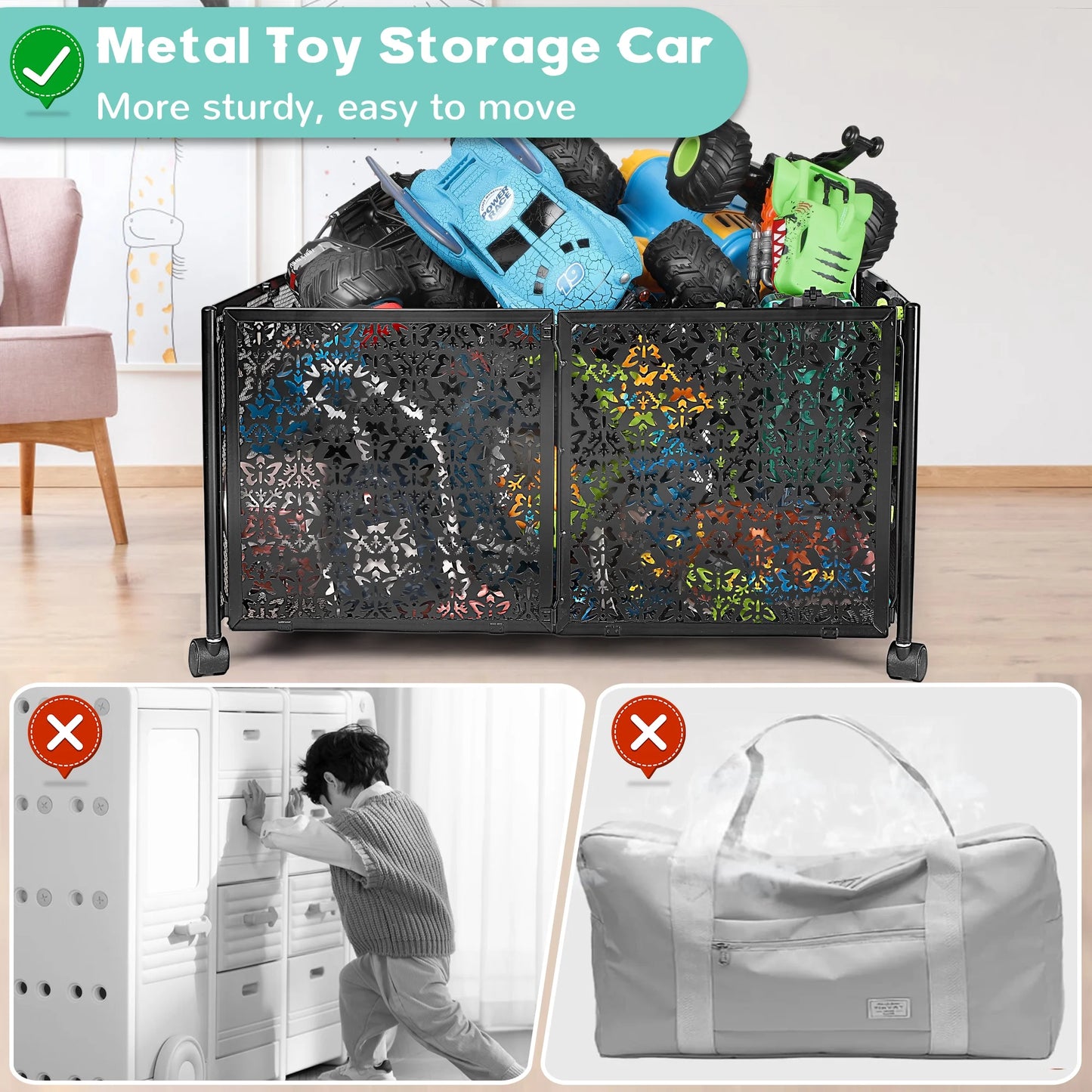 Nefoso Toy Box Storage, Foldable Metal Kids Toy Chest with Wheels for Bedroom Nursery Playroom