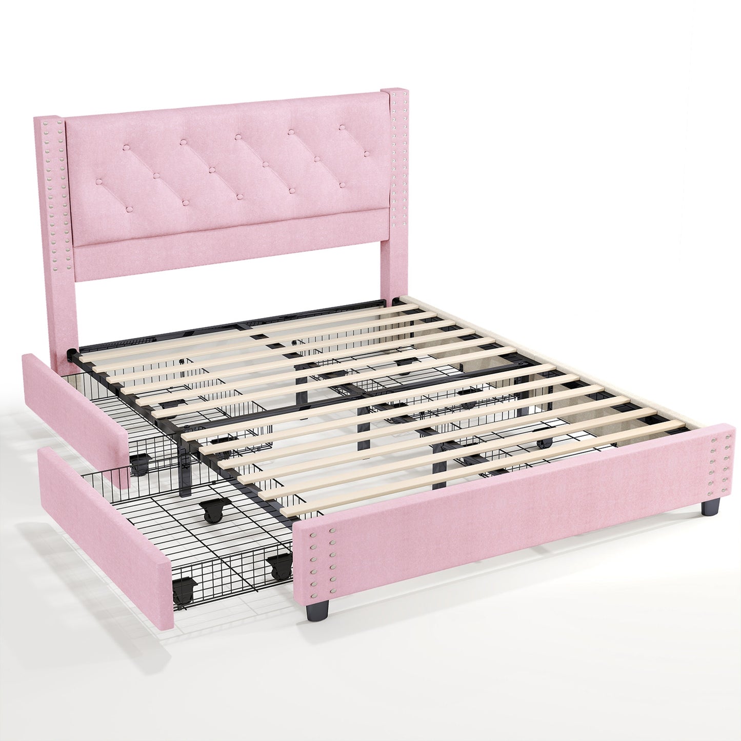 Full size bedstead upholstered button flannelette platform bedstead with 4 storage drawers and headboard with heavy wooden slats, no need for mattress base, easy to assemble, noiseless pink (overweight and oversized)
