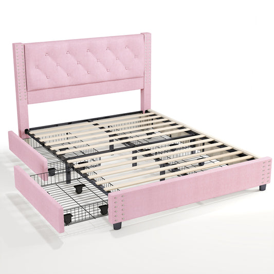 Full size bedstead upholstered button flannelette platform bedstead with 4 storage drawers and headboard with heavy wooden slats, no need for mattress base, easy to assemble, noiseless pink (overweight and oversized)