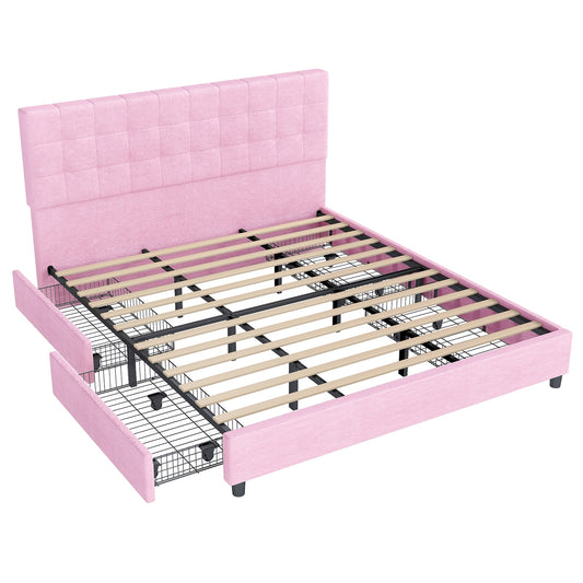 King size bedstead upholstered bedstead square seam suede headboard thick bottom bedstead with headboard and 4 storage drawers solid wood bedstead strip support without mattress base assembly convenience without noise (overweight and oversize)