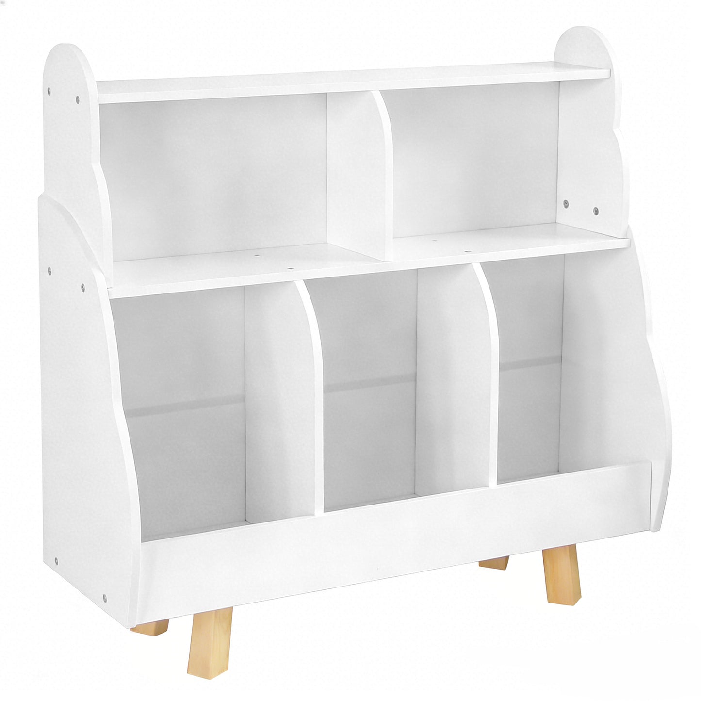Children's bookshelf toy storage three-layer wooden children's bookshelf with curved design, 5 open toy storage boxes, solid wood legs suitable for play rooms, children's rooms, living rooms, and baby rooms