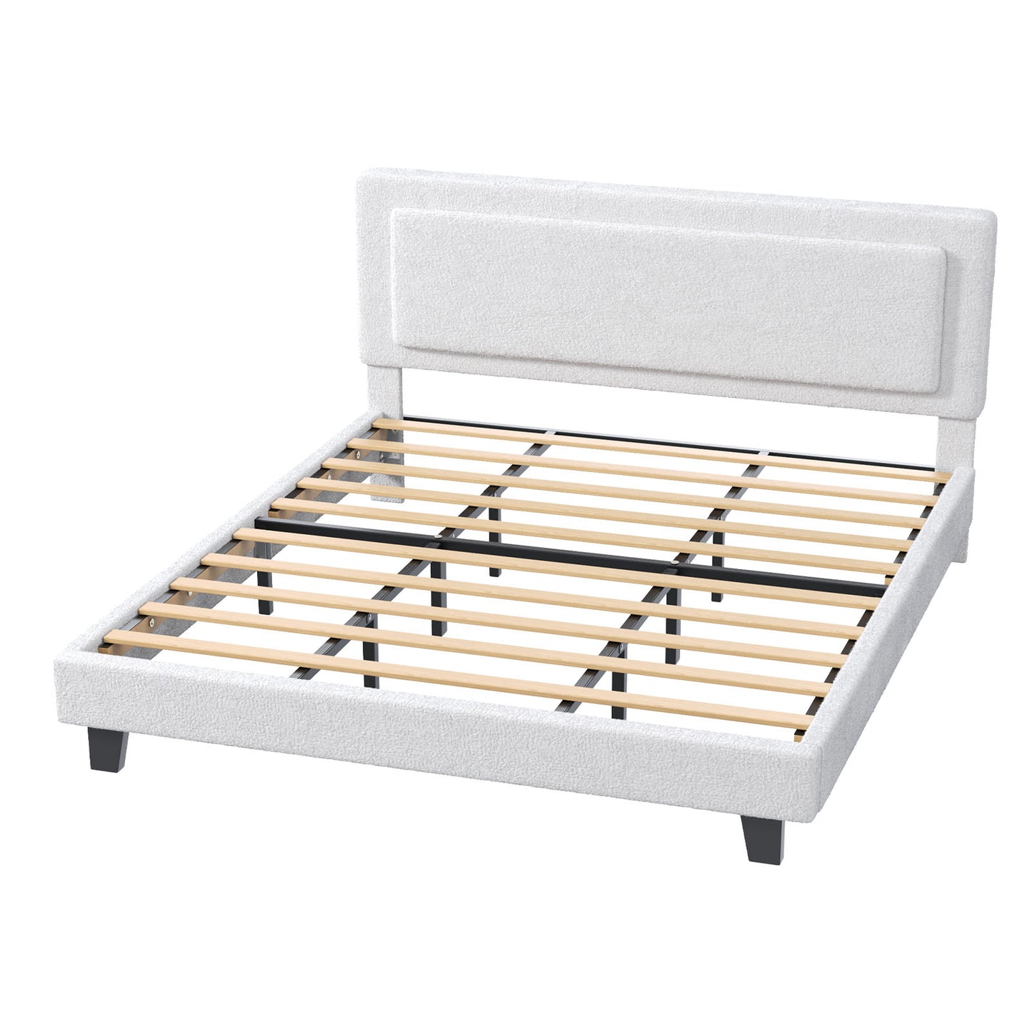 QUEEN size bed frame, soft cushion thick bottom cloud bed, with adjustable headboard, solid wood bed board strip, metal support, no noise, no mattress base, simple assembly, off white