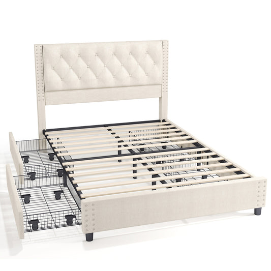 Queen size bedstead upholstered button flannelette platform bedstead with 4 storage drawers and headboard with heavy wooden slats without mattress base for easy assembly and noise free (overweight and oversize)