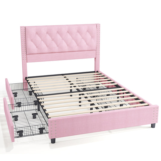 Queen size bedstead upholstered button flannelette platform bedstead with 4 storage drawers and headboard with heavy wooden slats without mattress base for easy assembly without noise (overweight and oversize)