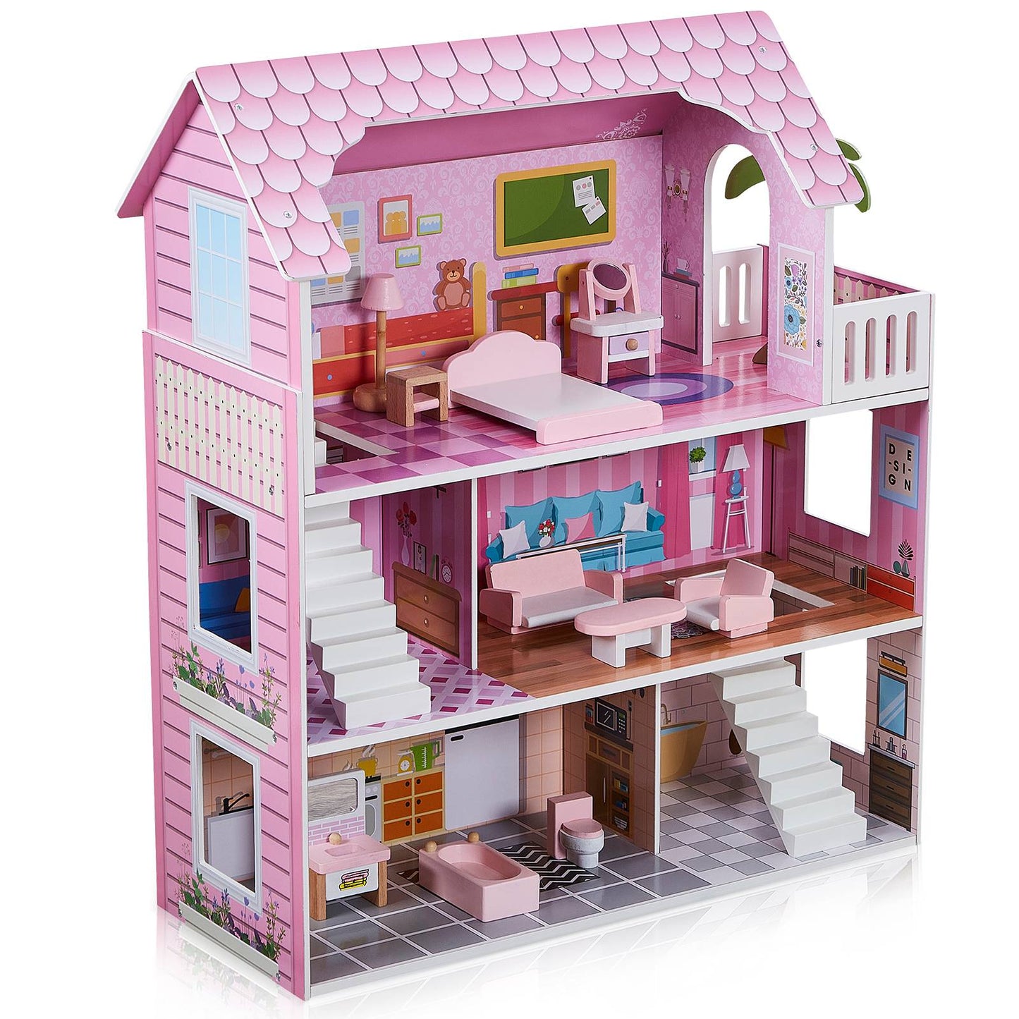 (Installation video scene video) Toy house with furniture and accessories, 3-story dollhouse toy set, large DIY pink children's wooden house role-playing toy house set suitable for children and girls (overweight and oversized)