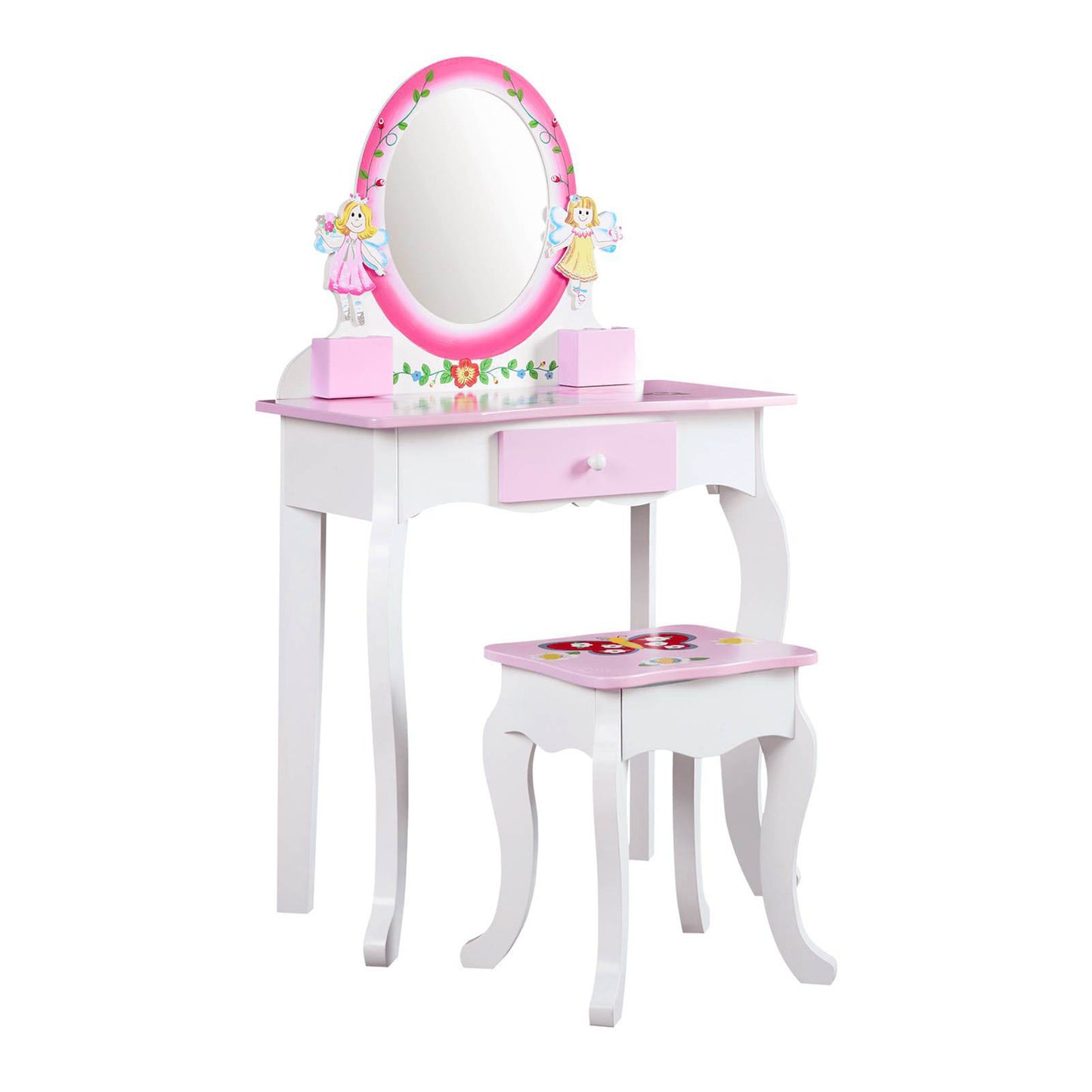 Children's dressing table with mirror and stool wooden children's dressing table makeup dressing table and chair set with floral and butterfly patterns suitable for little girls (overweight and oversized)