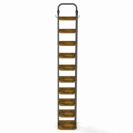 Retro color 10 layer vertical shoe rack, narrow shoe cabinet, high shoe rack with 2 hooks, adjustable shelf, small space corner shoe rack, entrance passage, living room (overweight and oversized)