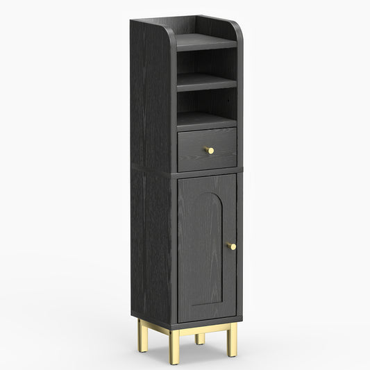 Black bathroom storage cabinet, corner cabinet with drawers and doors, bathroom storage cabinet with adjustable shelves, suitable for small spaces (overweight)