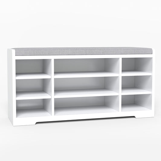 Shoe storage bench with cushion, white entrance shoe rack bench, 9-cube shoe storage bench, suitable for entrance passages, living rooms, bedrooms, corridors, and wardrobes (overweight and oversized)
