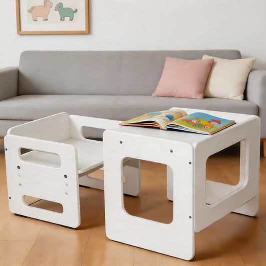Montessori desk and chair set for children aged 1-3 years old. Adjustable height wooden desk and chair set suitable for reading, eating, drawing, playing, and learning