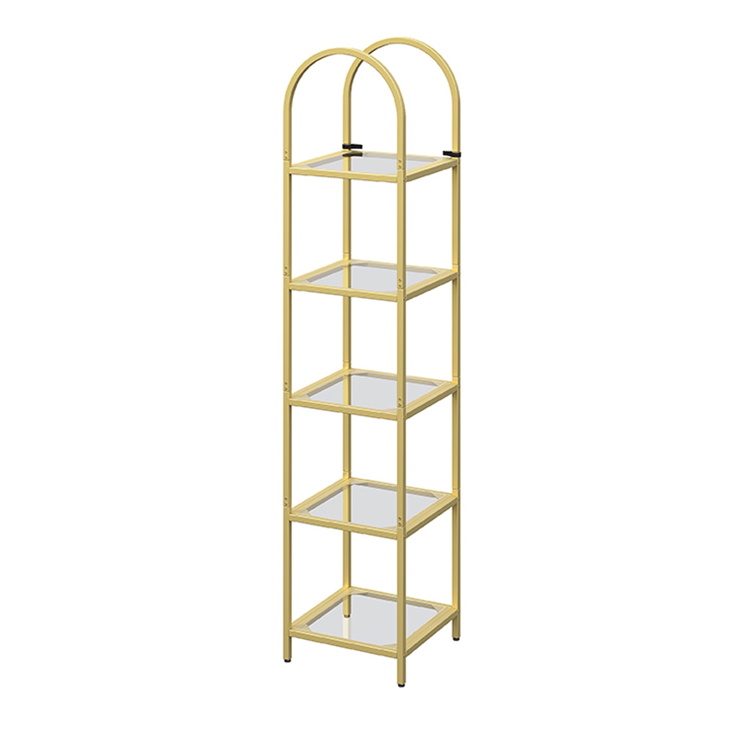 Arched bookshelf display rack, tempered glass bookshelf, 5-layer metal bookshelf, storage rack, modern minimalist style, suitable for living rooms, offices, entrance gold