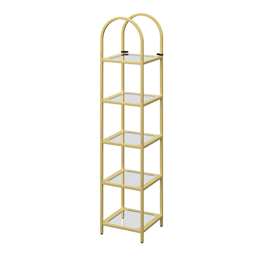 Arched bookshelf display rack, tempered glass bookshelf, 5-layer metal bookshelf, storage rack, modern minimalist style, suitable for living rooms, offices, entrance gold
